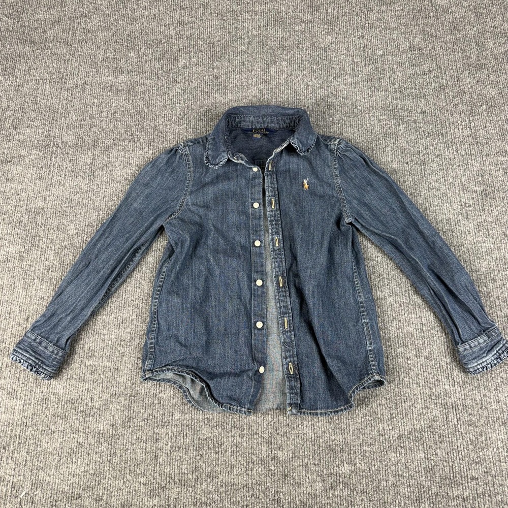 Polo Ralph Lauren Shirt Girls 6 Blue Denim Button Front Long Sleeve Ruffled